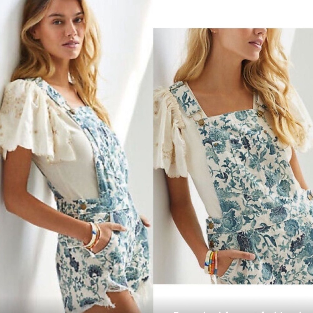 NWT Anthropologie Pilcro Cutoff Dungarees Overalls 28 Green Ivory Floral